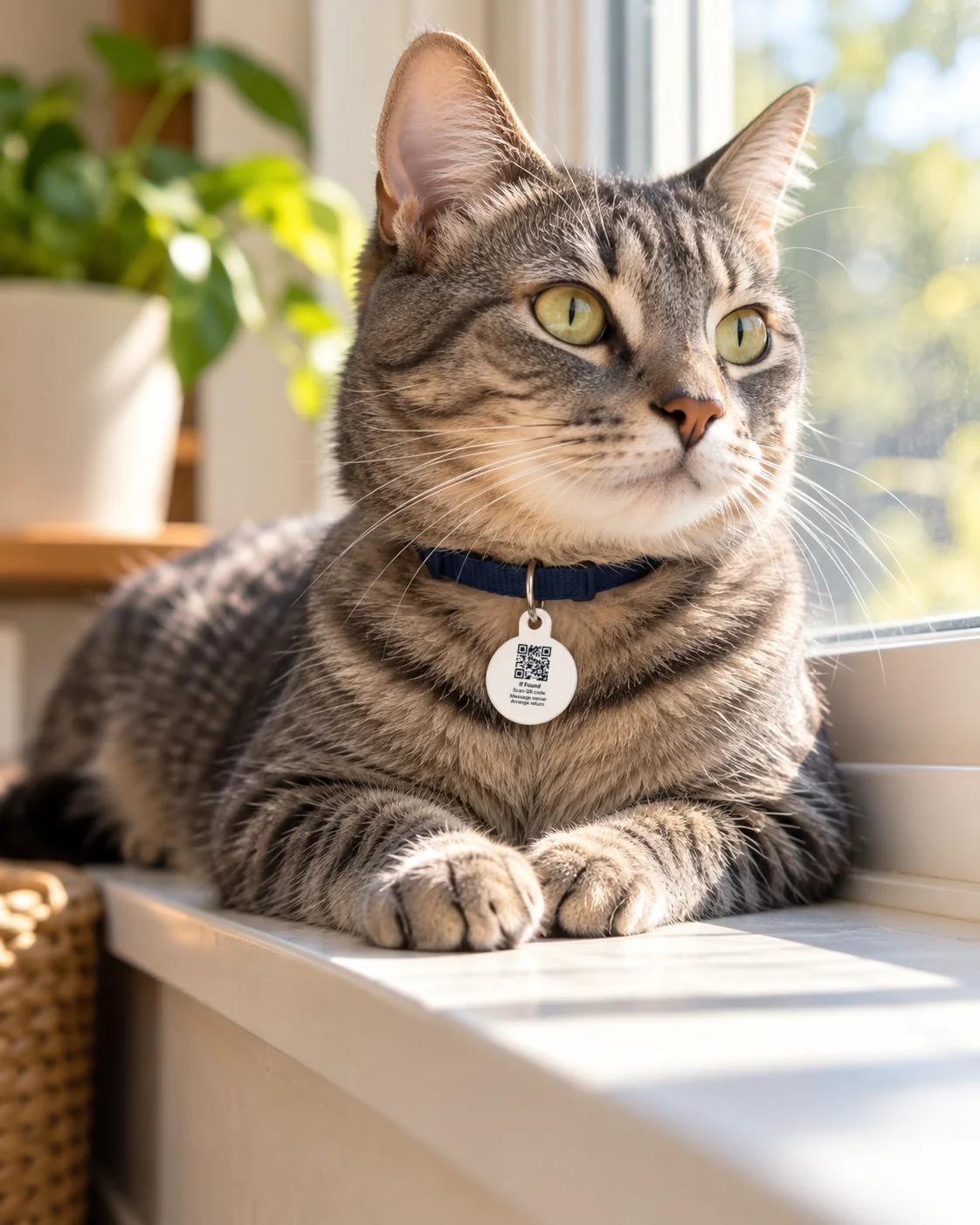 A tabby cat on a sunny windowsill, wearing a Locatid pet tag