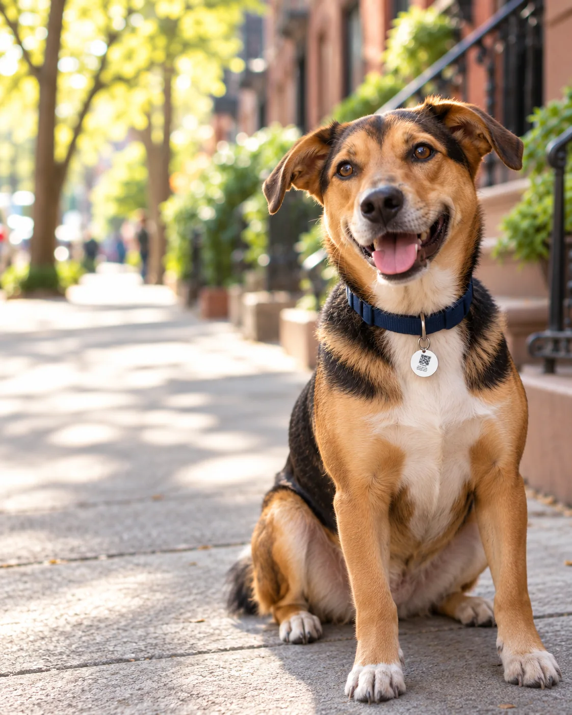 A smiling dog on a city sidewalk, wearing a Locatid pet tag on its collar