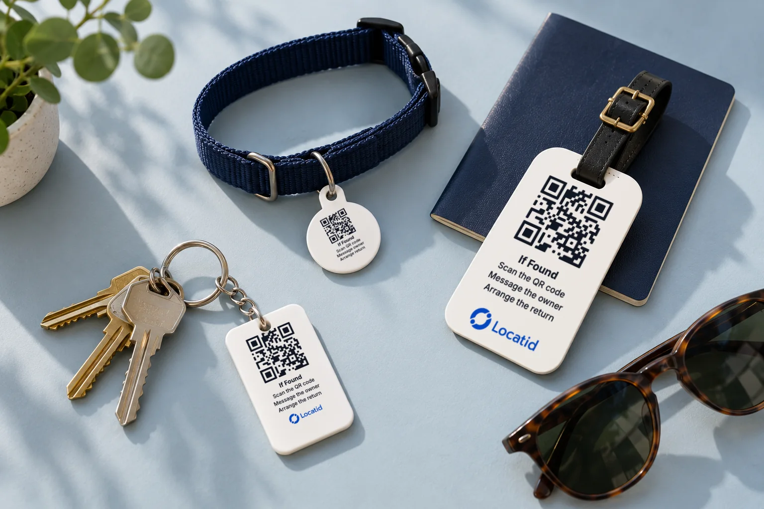 A Locatid luggage tag, keychain tag and pet tag laid out with a passport, keys and a dog collar