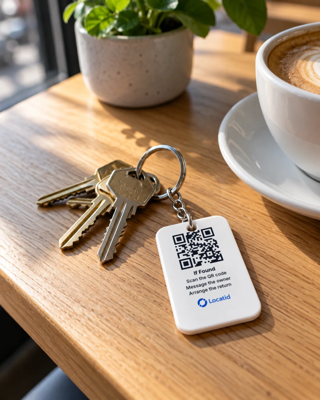 House keys on a café table with a Locatid keychain tag