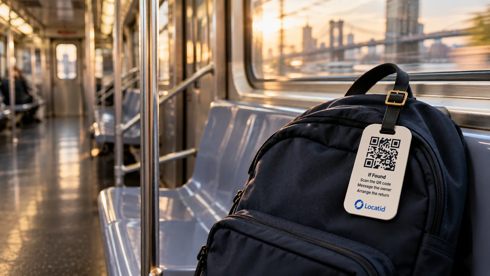 A navy backpack left on a subway seat, with a Locatid luggage tag hanging from the handle