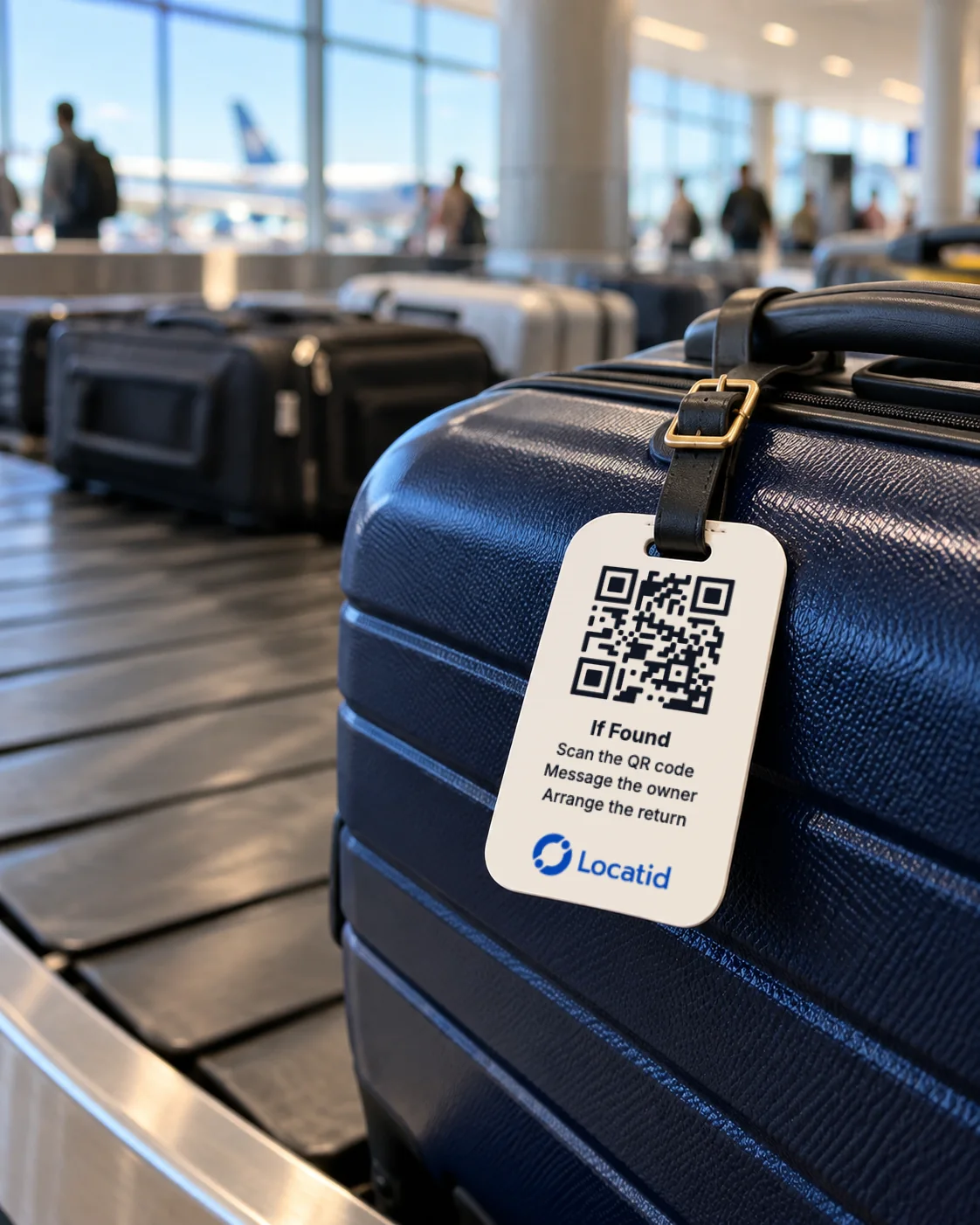 A navy suitcase on an airport carousel with a Locatid luggage tag on the handle